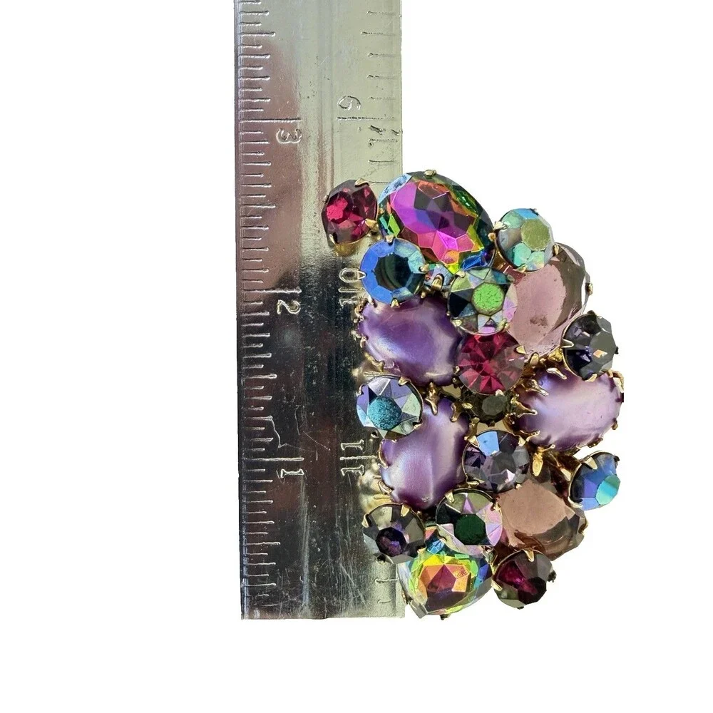 Vintage 1950s Lavender Satin Glass AB Rhinestone Cluster Brooch Pin Gold Tone
